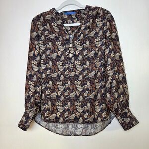 J. McLaughlin Button Top Women's Medium Blue Brown Floral Bird Print Silk Blend